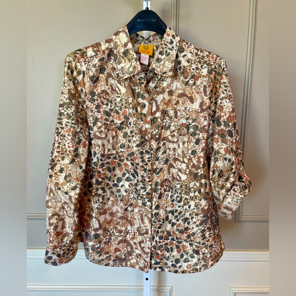 Ruby Rd. 12 Button Down Shirt Blouse Top Shimmer Abstract Animal Print Black Tan